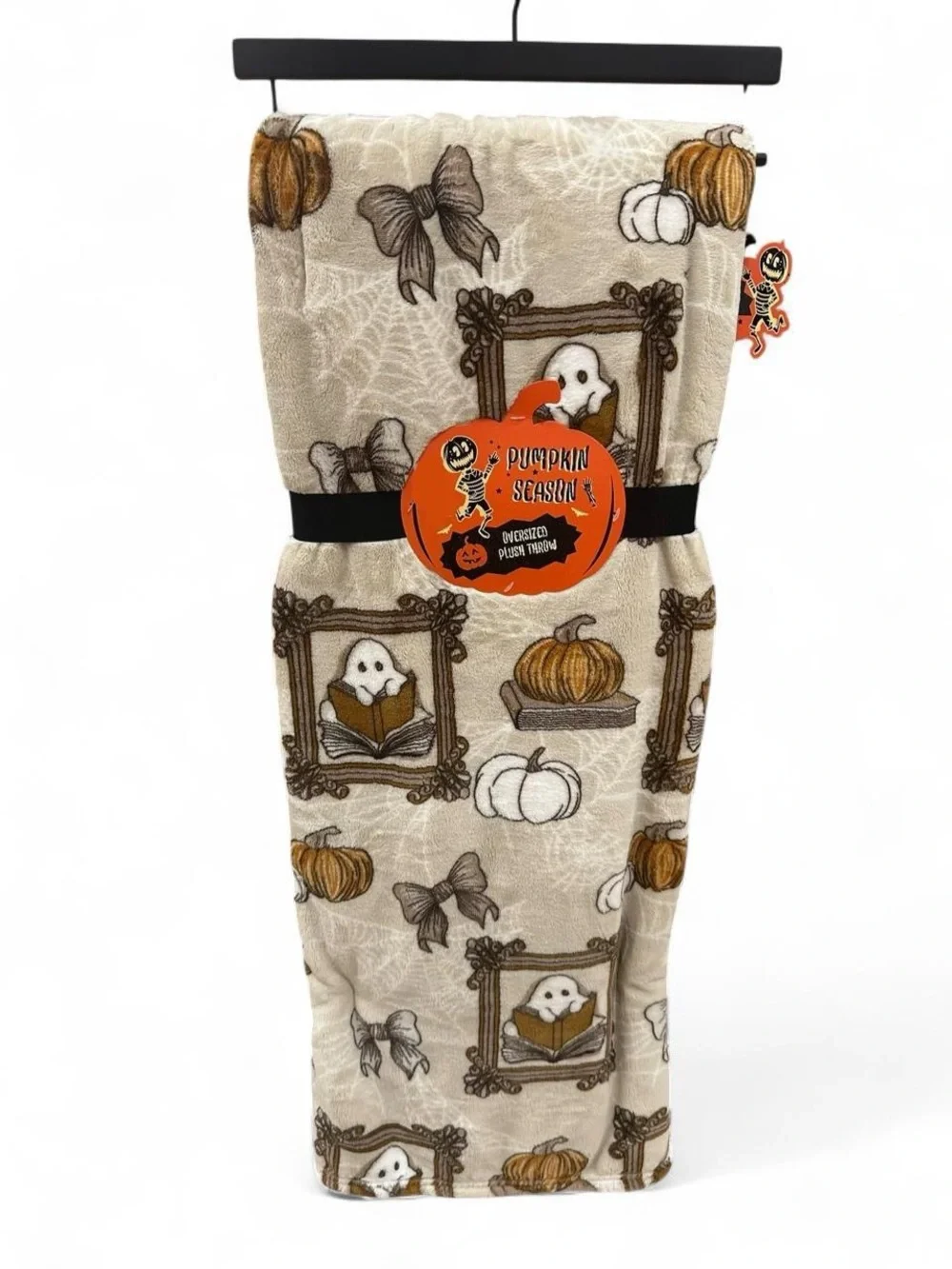 Halloween/Fall Oversized Plush Throw Blanket, Ghost Book Frame Pumpkin Bow
